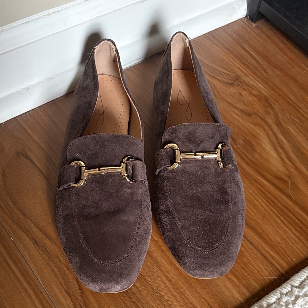 Joie Chocolate Suede Loafers with Gold Detail